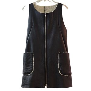 Hache Leather and Sherpa Long Vest Pockets Black Cream US Small Italy Size 40